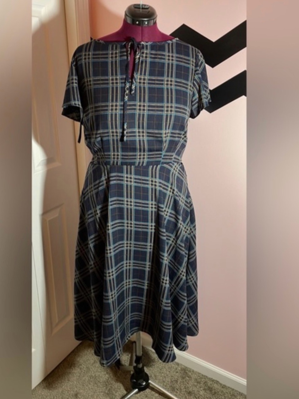 Unique Vintage Plaid Keyhole Tie Front Swing Dress